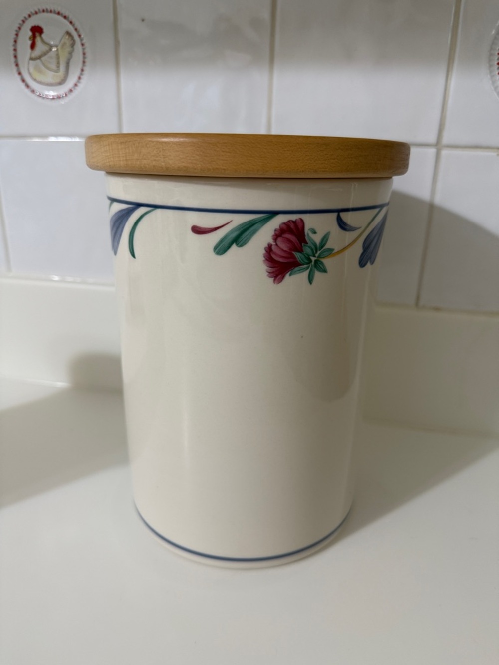 Vintage Lenox Poppies on Blue, 7 5/8” x 5 3/8”, large canister and wooden lid